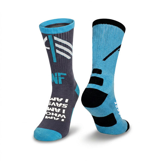 I AM Gray & Blue Sock Variants on a white background