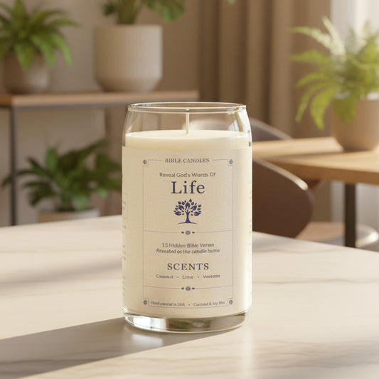 Bible candle with a label on a table in a warm living room with plants around it
