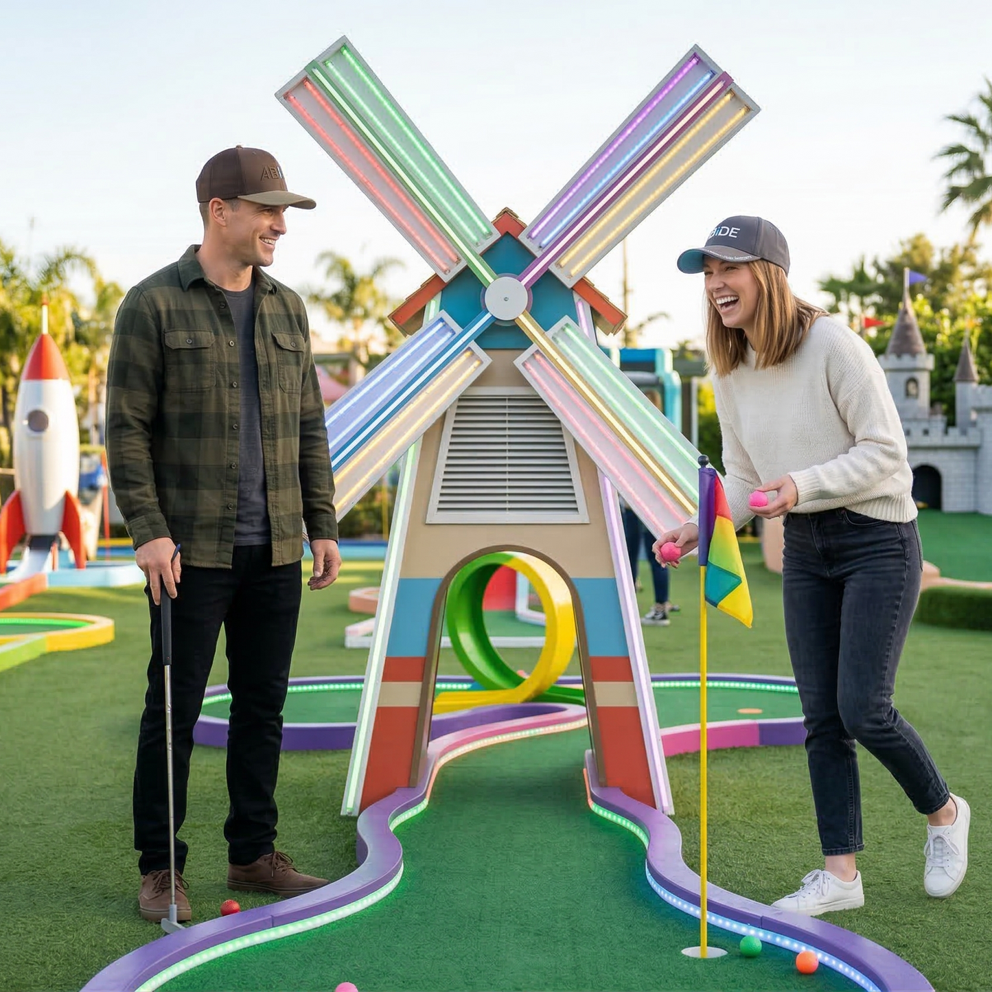 Two people playing mini golf wearing ABiDE hats near a colorful windmill structure on a mini golf course.