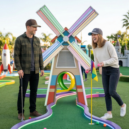 Two people playing mini golf wearing ABiDE hats near a colorful windmill structure on a mini golf course.