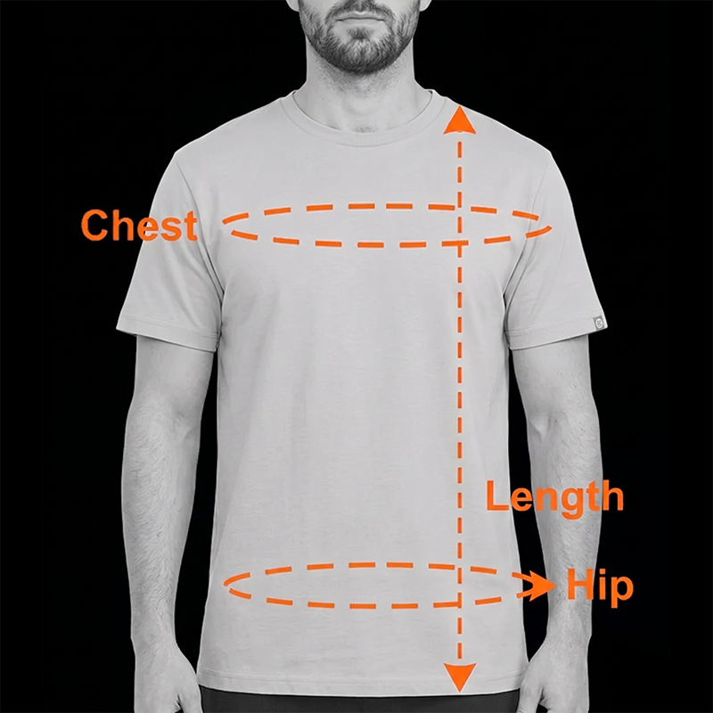 Size Chart - Man wearing a gray t-shirt with measurement lines and labels on a black background