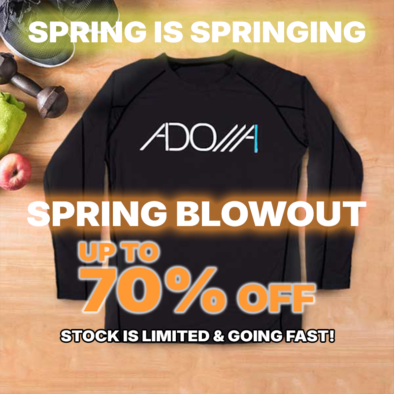 Black jacket with Adonai logo on a wooden surface, surrounded by healthy food items and gym equipment, with promotional text overlay.