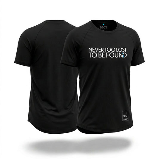 Black buttery soft bamboo t-shirt with 'Never Too Lost To Be Found' logo on a white background