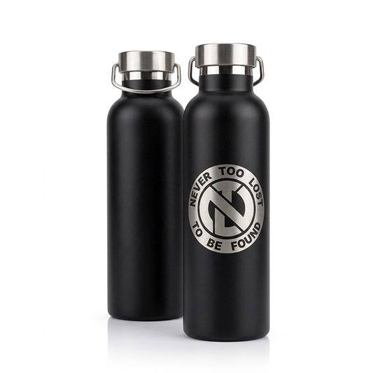 Two black Water Bottles with stainless steel screw on lid with handle, the one in front showing a laser engraved signature Never Too Lost 'NTL' Logo with Never Too Lost To Be Found encircled around it and the rear bottle showing the clean black back of the bottle.
