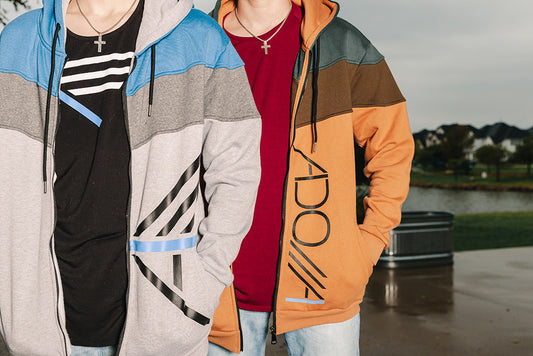 Christian Teen Boys wearing Never Too Lost's I AM Royal and Adonai Forest Zip-Up with Bamboo Tees