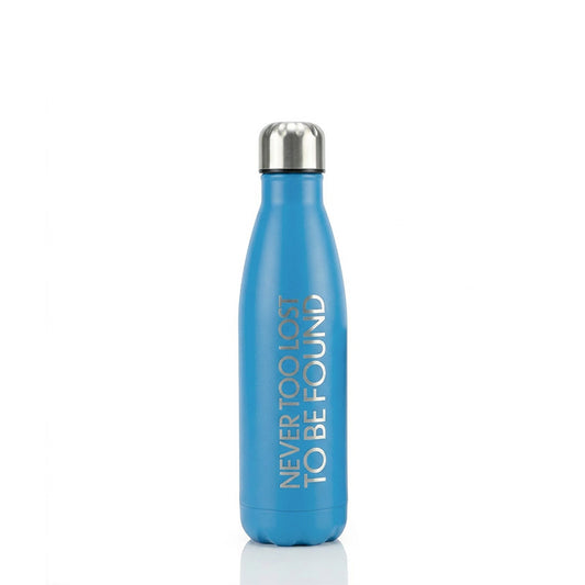 Blue water bottle with Never Too Lost To Be Found text and a silver cap on a white background