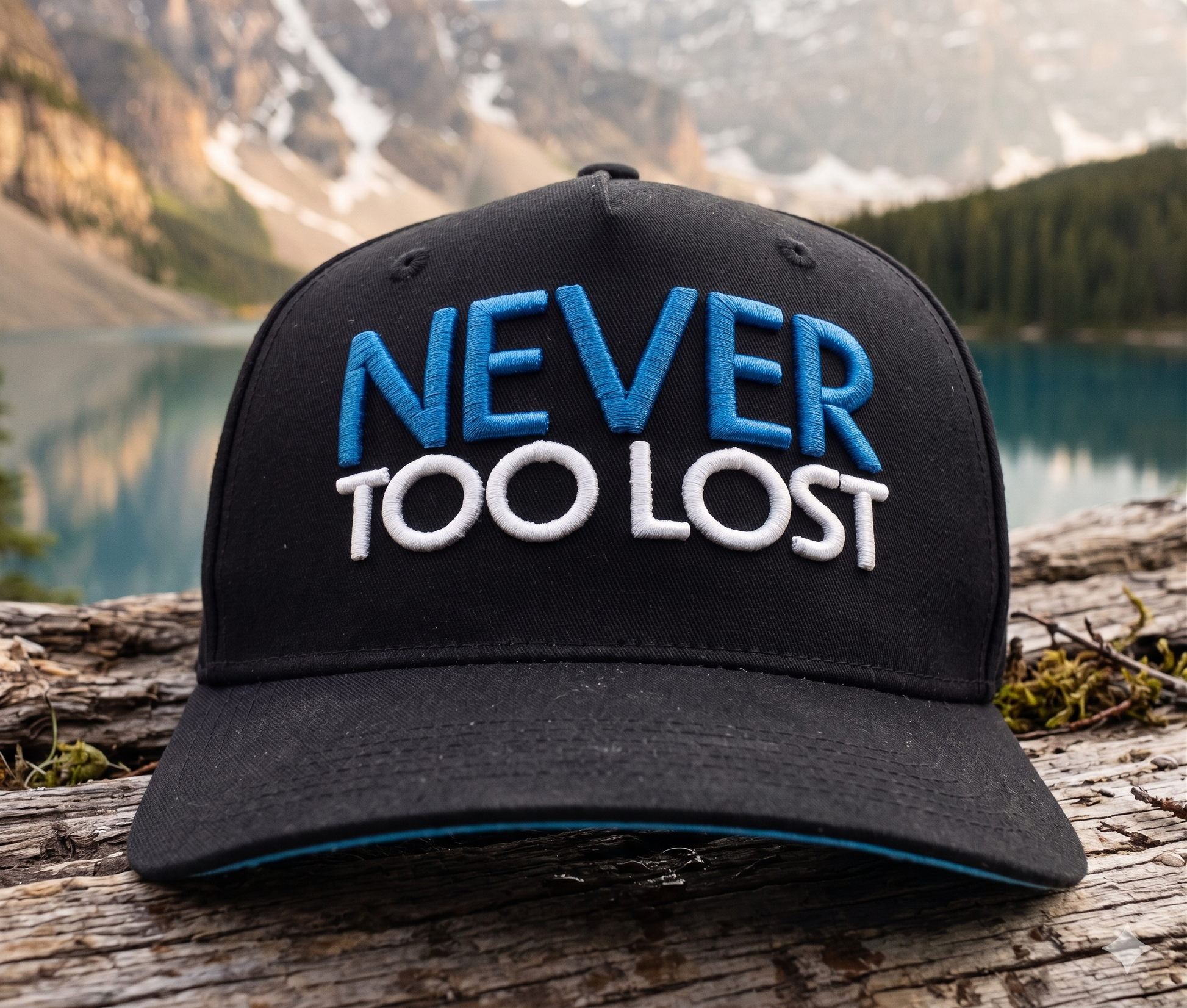 Black cap with 'NEVER TOO LOST' text on a log with a scenic background