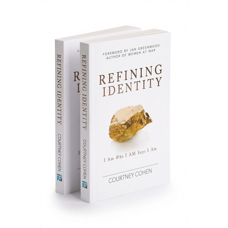 Book titled 'Refining Identity' by Courtney Cohen with refined gold on the cover against a white background. Subtitle I am who I AM says I am.