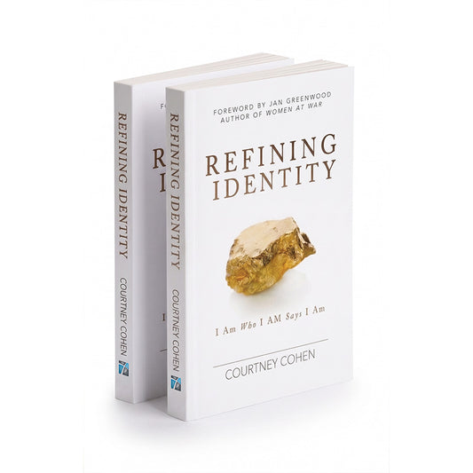 Book titled 'Refining Identity' by Courtney Cohen with refined gold on the cover against a white background. Subtitle I am who I AM says I am.