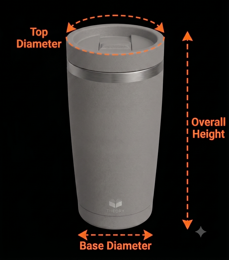 Gray tumbler with measurements labeled on a black background