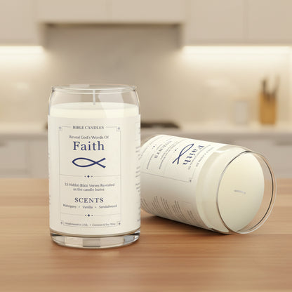 Candle with 'Faith' label and Jesus fish symbol on a counter in a kitchen