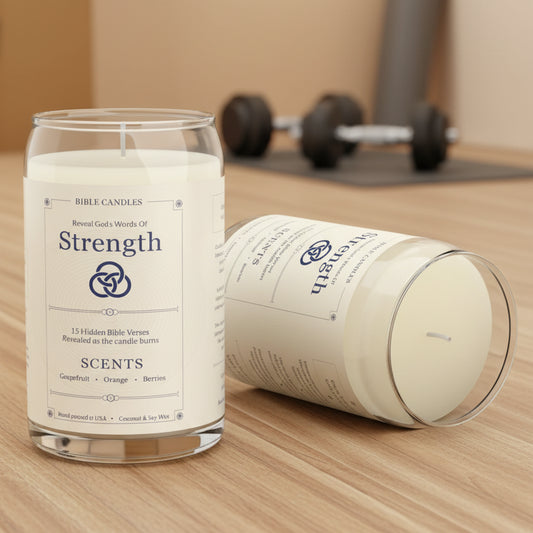 Two candles labeled 'Strength' on a gym floor