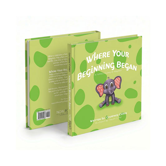 Children's book titled 'Where Your Beginning Began' with a cartoon elephant on a green polka dot background.