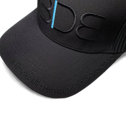 black christian hat abide blackout trucker hat anged view with sit dwell remain in his presence on bill